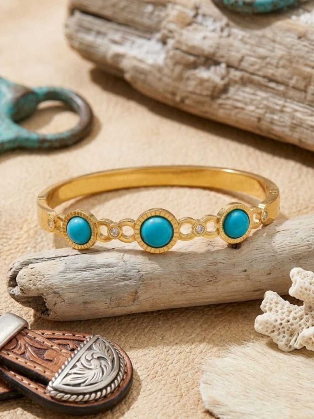 18K Gold Plated Turquoise Bangle Bracelet Cubic Zirconia Hinged Coastal 2.2"
